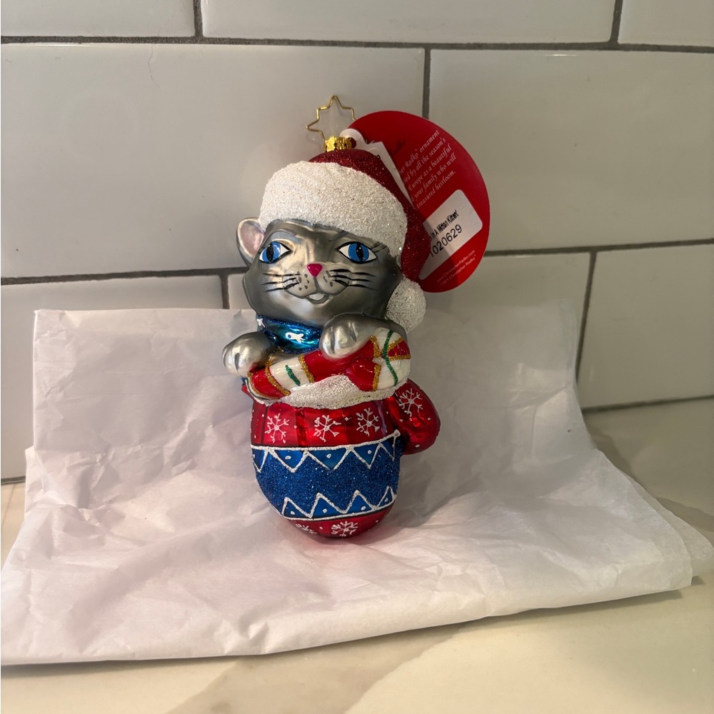 Christopher Radko, Smitten in a Mitten Kitten, Ornament - Silver, Red, Blue